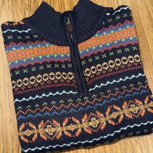 Vintage LL Bean Sweater 1/4 Zip Geometric Nordic Blue Size Small